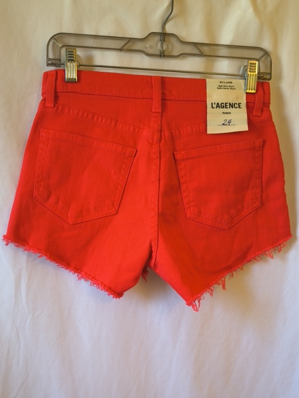 L'AGENCE Red Frayed Hem Denim Shorts